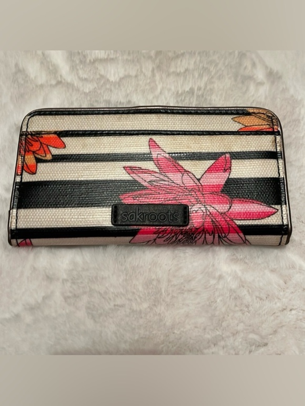 Sakroots Black-White Stripe Wallet with Pink Floral Accents